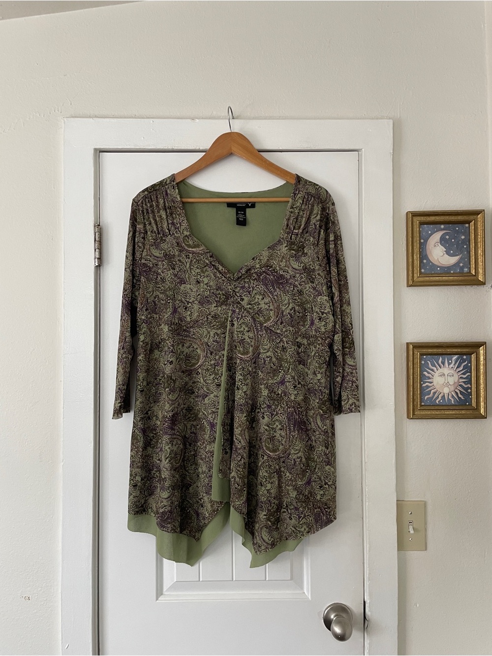 Venezia Y2K Green Paisley V-Neck Layered Tunic Top  Size 18/20 2X Asymmetrical